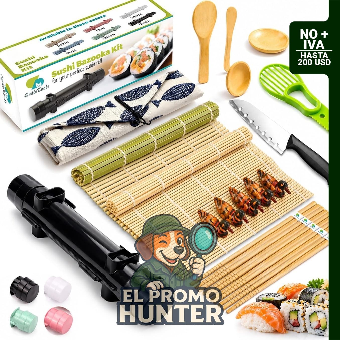 Kit de fabricación de sushi SmileTools, 22 piezas con libro guía, bazuca, cuchillo, estera, cortador de aguacate y más.