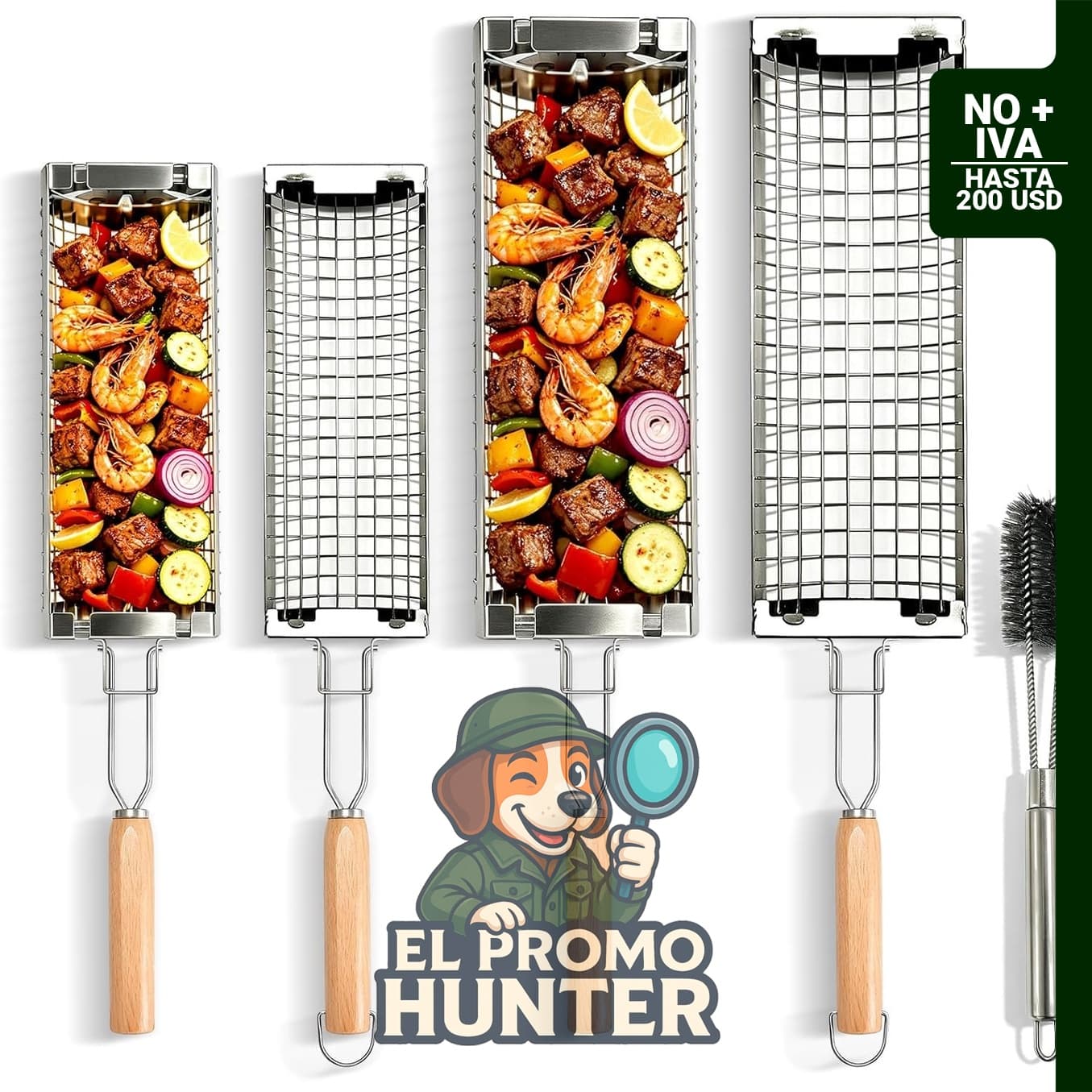 Juego de 2 cestas de parrilla rodantes de acero inoxidable 304 con mango de madera extraíble.