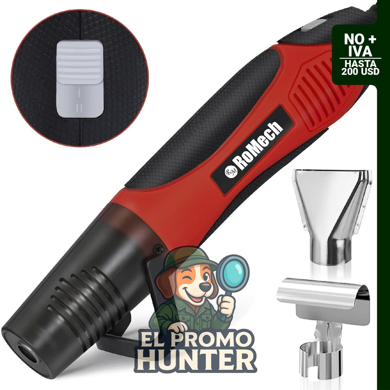 ROMECH Pistola de calor de 350 W con 2 boquillas y doble temperatura de 204°C-349°C.