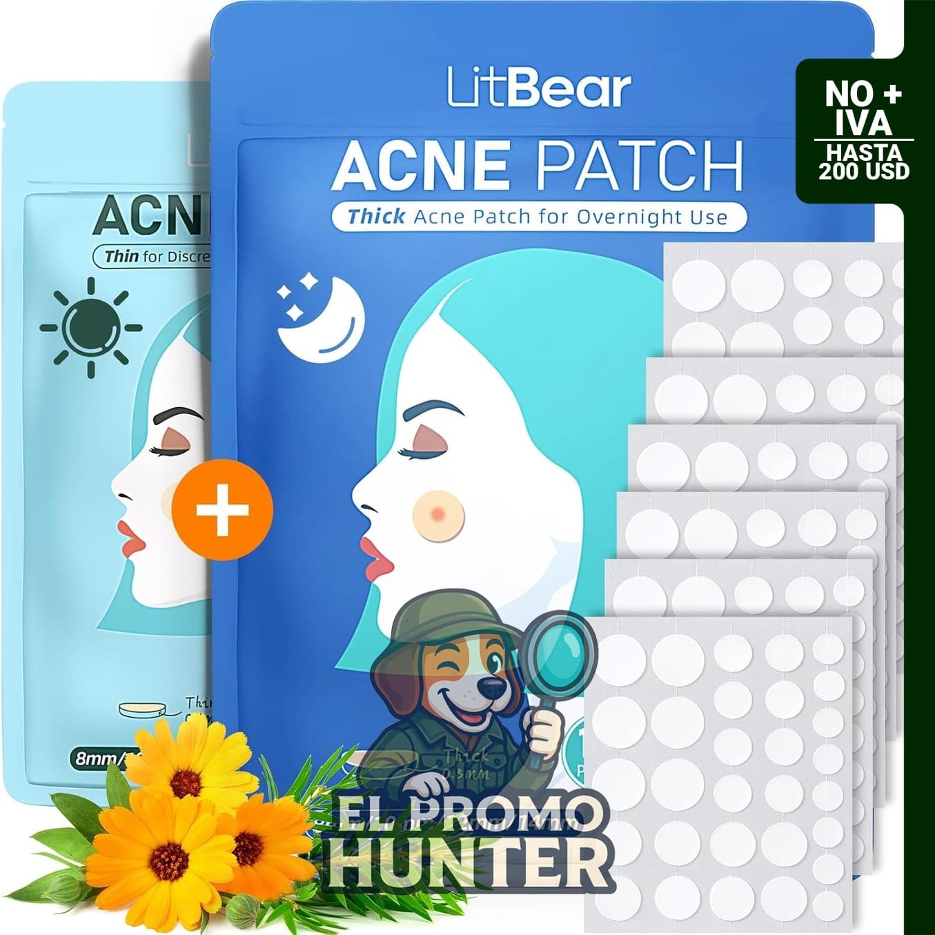 LitBear Parches hidrocoloides para espinillas, 180 puntos, 4 tamaños, con hamamelis y aceite de caléndula.