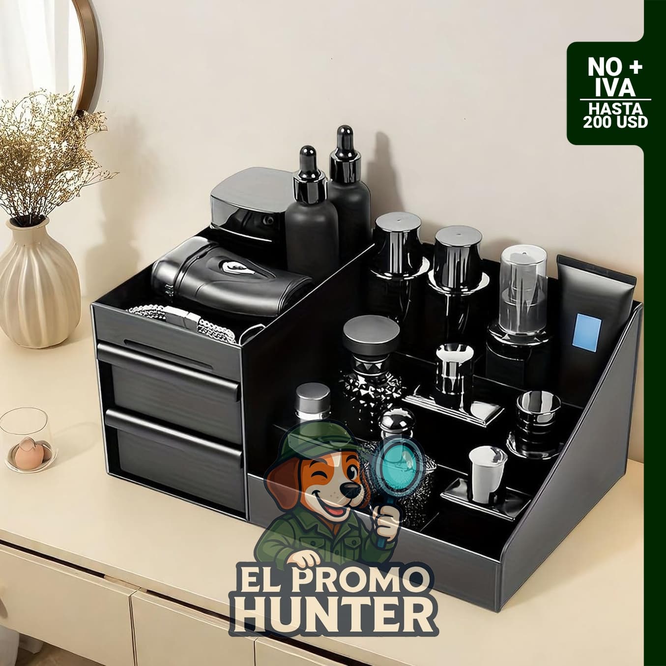 Organizador de perfumes para hombres con cajones para colonias y artículos de cuidado personal.