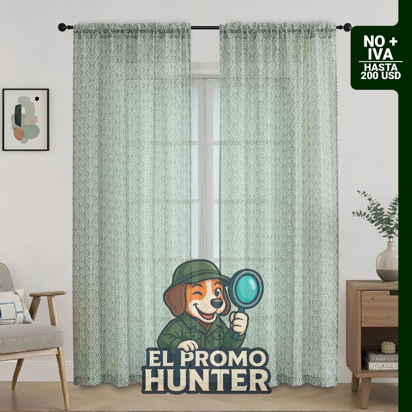Cortinas Transparentes Arrugadas de 84" (213 cm) de largo, 2 paneles, estilo rústico con patrón de hojas.