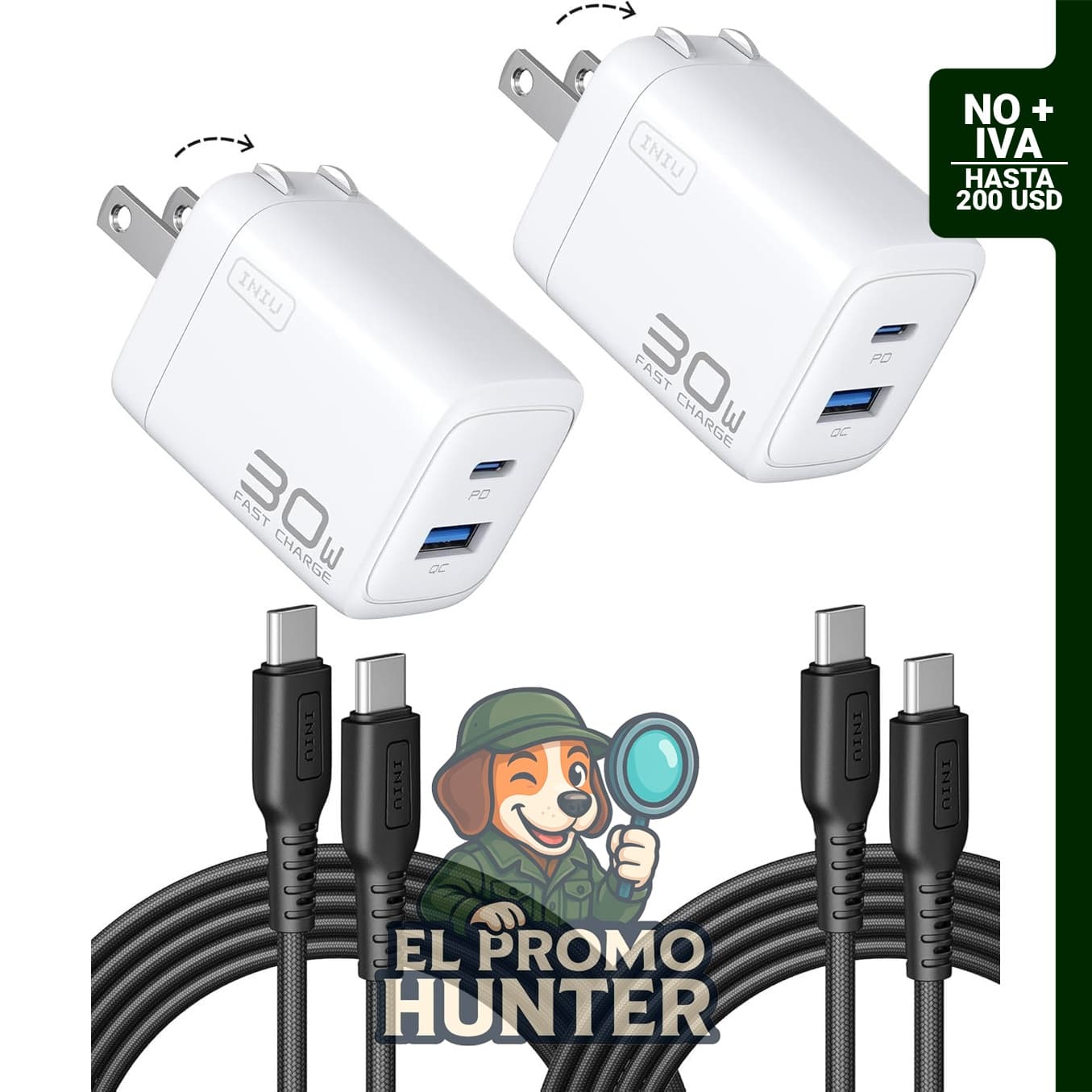 INIU Cargador USB C Bloque 30W, pack de 2, con enchufe plegable y tecnología GaN.