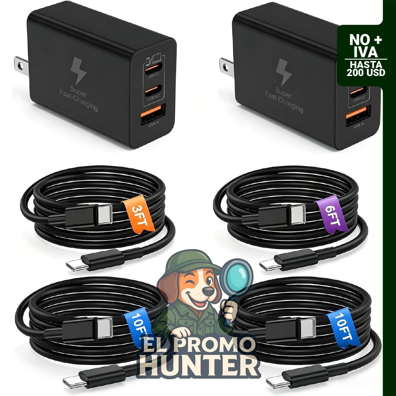 Adaptador de carga USB C de 65 W con cable de 3, 6 y 10 pies para MacBook Pro/Air y iPhone 18 Pro Max.