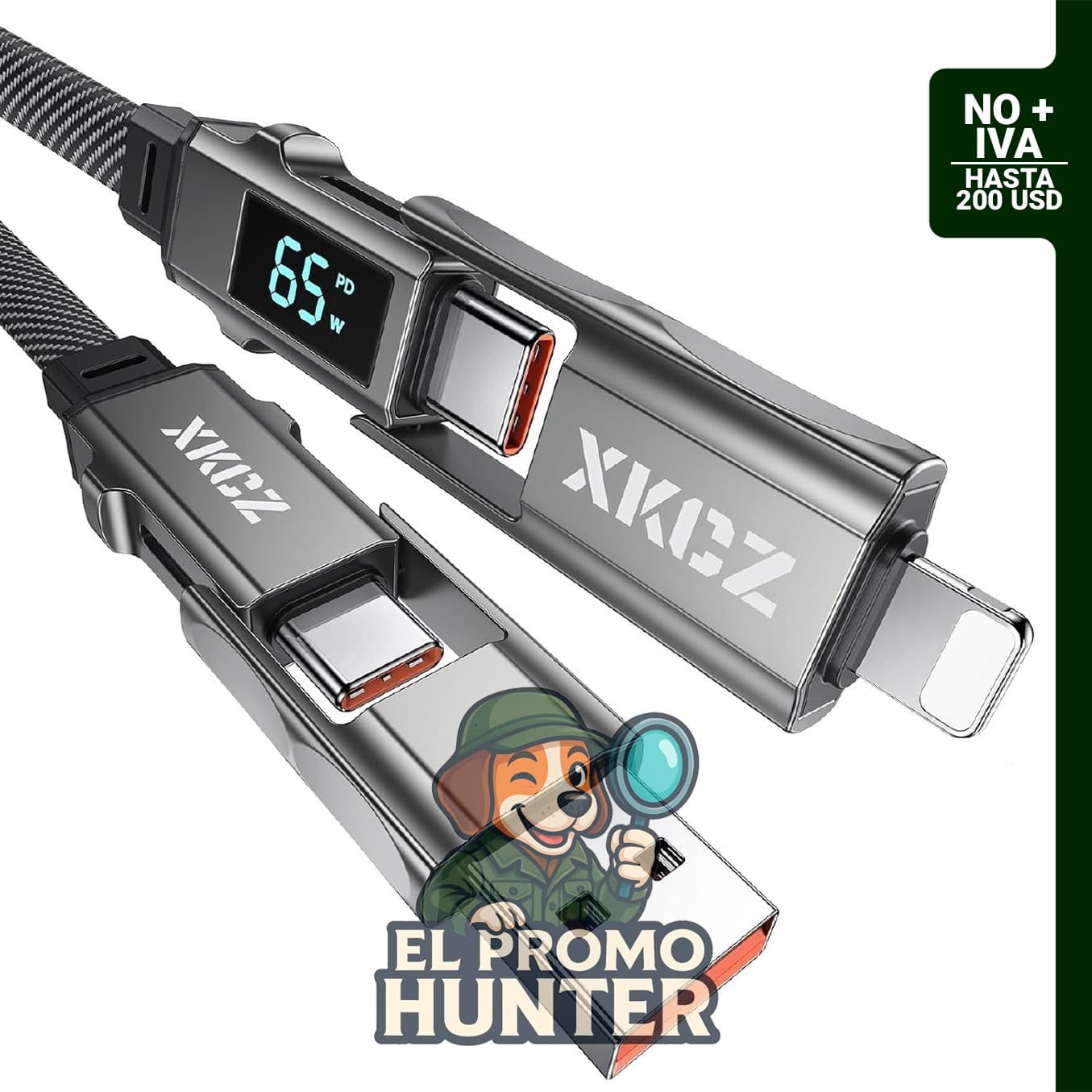 XKCZ Cable USB C 4 en 1 con pantalla de potencia, carga múltiple de 65 W y sincronización de datos.