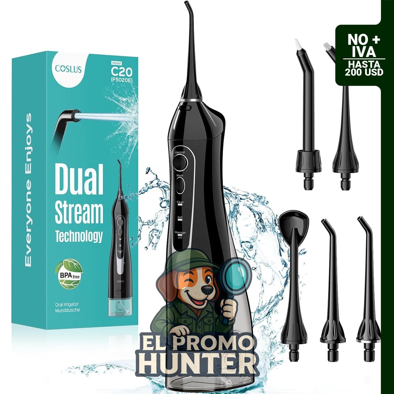 COSLUS Hilo Dental de Agua C20 (F5020E) portátil, recargable, 300 ml, impermeable IPX7.