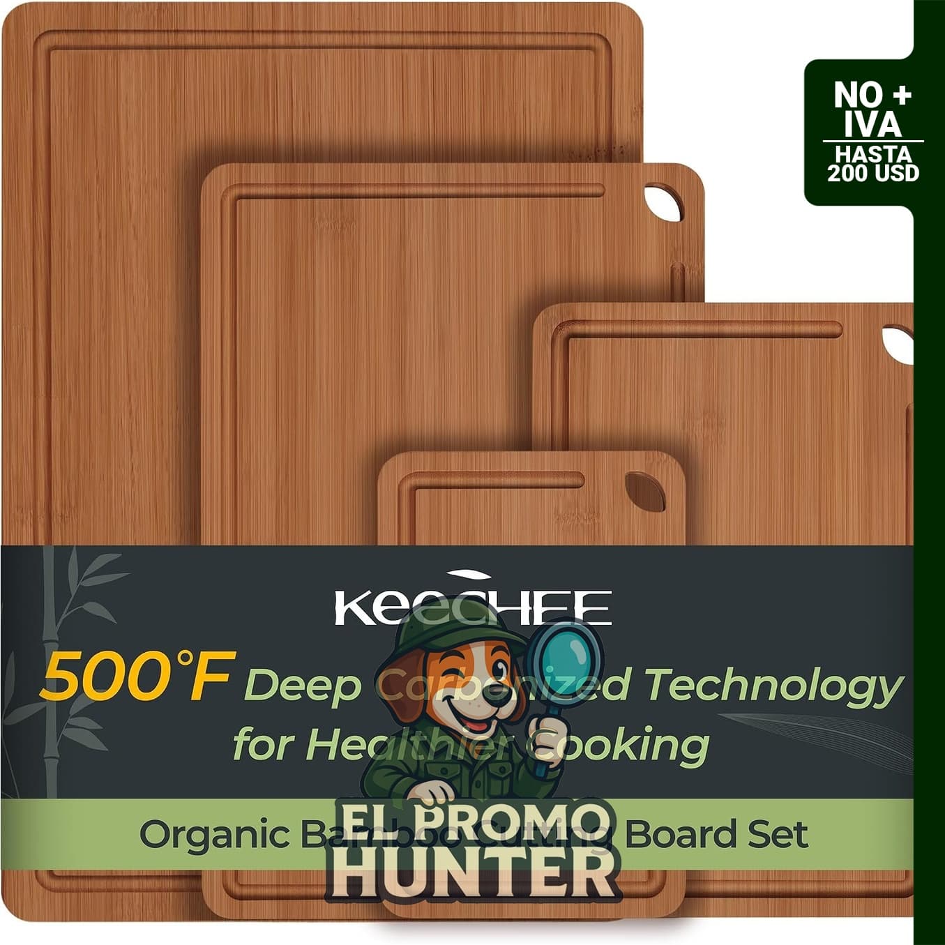Keechee tabla de cortar de madera de bambú carbonizado, juego de 4 piezas con superficie lisa.