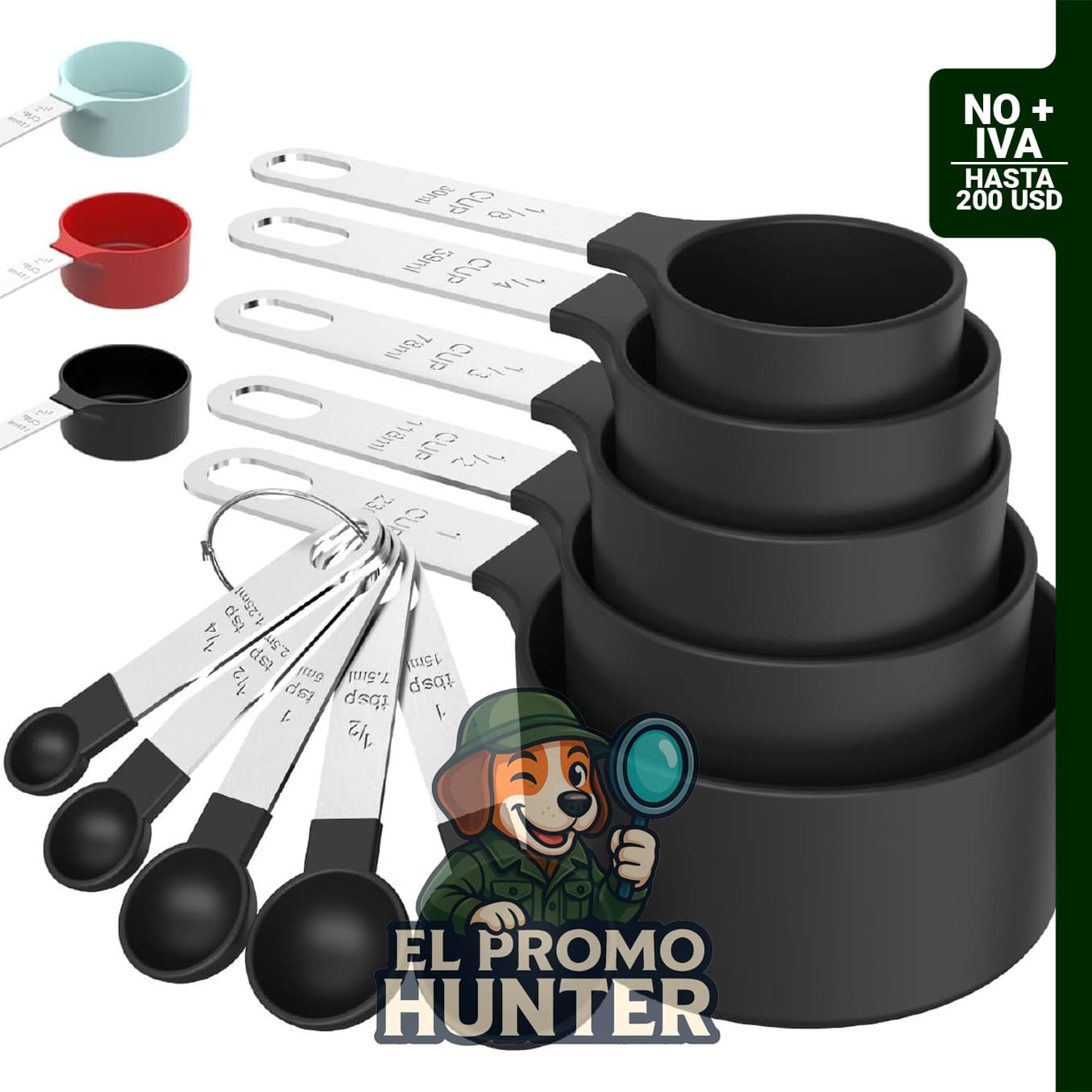 Juego de tazas y cucharas medidoras apilables.
