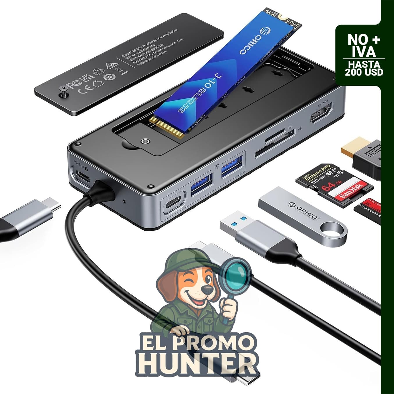 ORICO Concentrador USB-C 8 en 1 con carcasa para SSD M.2, compatible con NVMe/SATA, 10Gbps, HDMI 4K a 60Hz.