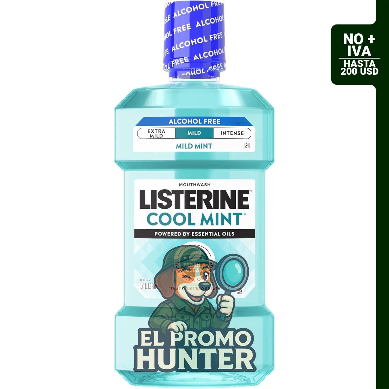 Listerine Enjuague Bucal Sin Alcohol, 1 L, sabor a menta fresca, elimina el 99% de los gérmenes.