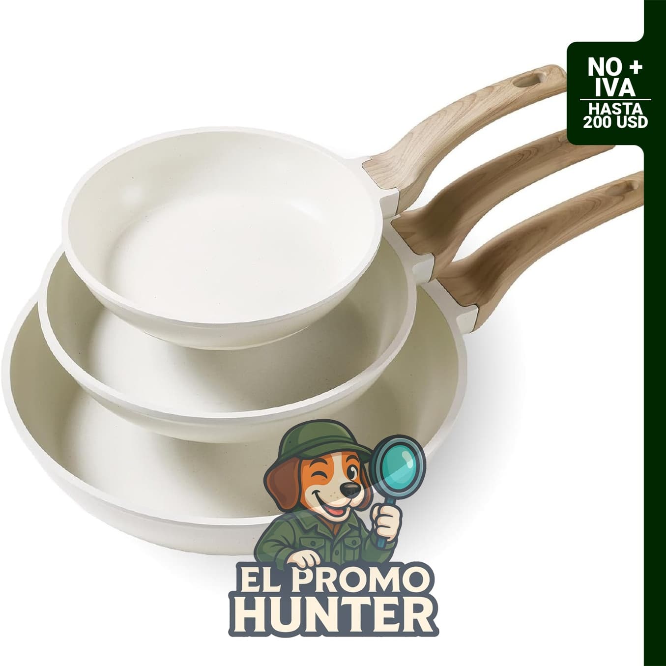 CAROTE Juego de 3 sartenes antiadherentes, color blanco crema.
