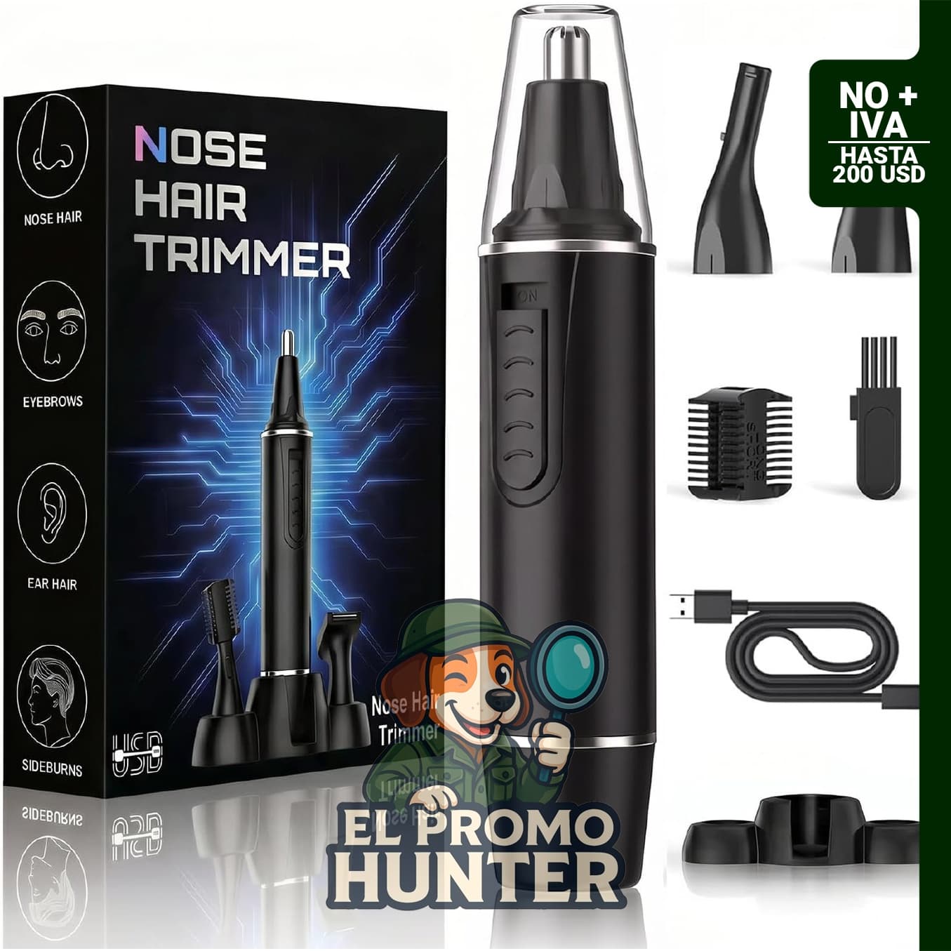 Recortadora de pelo de nariz recargable 3 en 1, para cejas y vello facial, IPX7 impermeable.