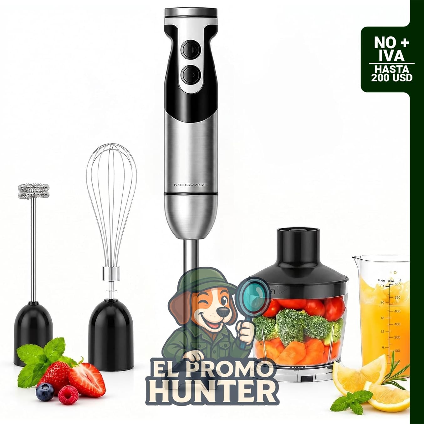 MEGAWISE Pro Titanium Reforzado 5 en 1 Batidora de Mano de Inmersión, 400W, 12 velocidades, incluye picadora de 500 ml y vaso de 600 ml.
