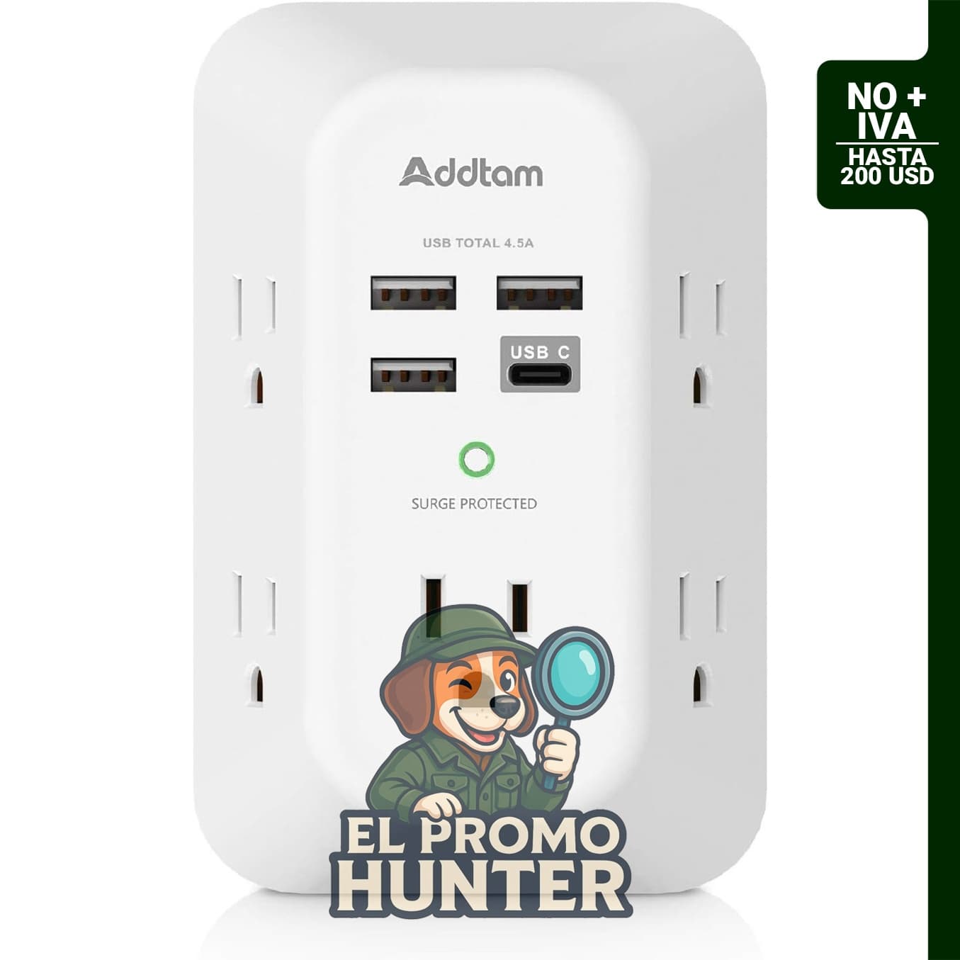 Addtam cargador USB de pared con 5 tomas y 4 puertos de carga USB (1 USB C), 1800 J.