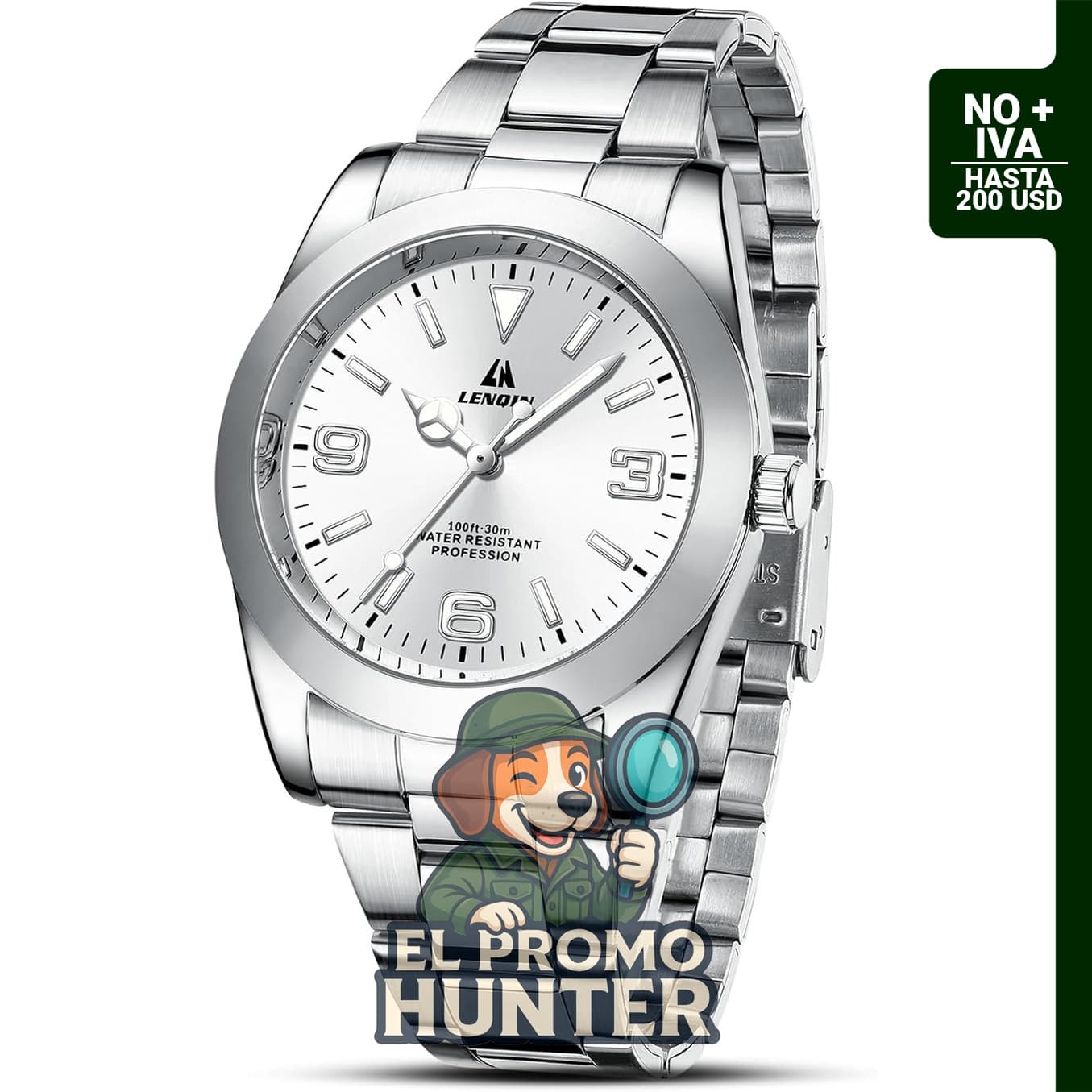 Reloj analógico de cuarzo LN LENQIN para hombre, acero inoxidable, luminoso e impermeable.