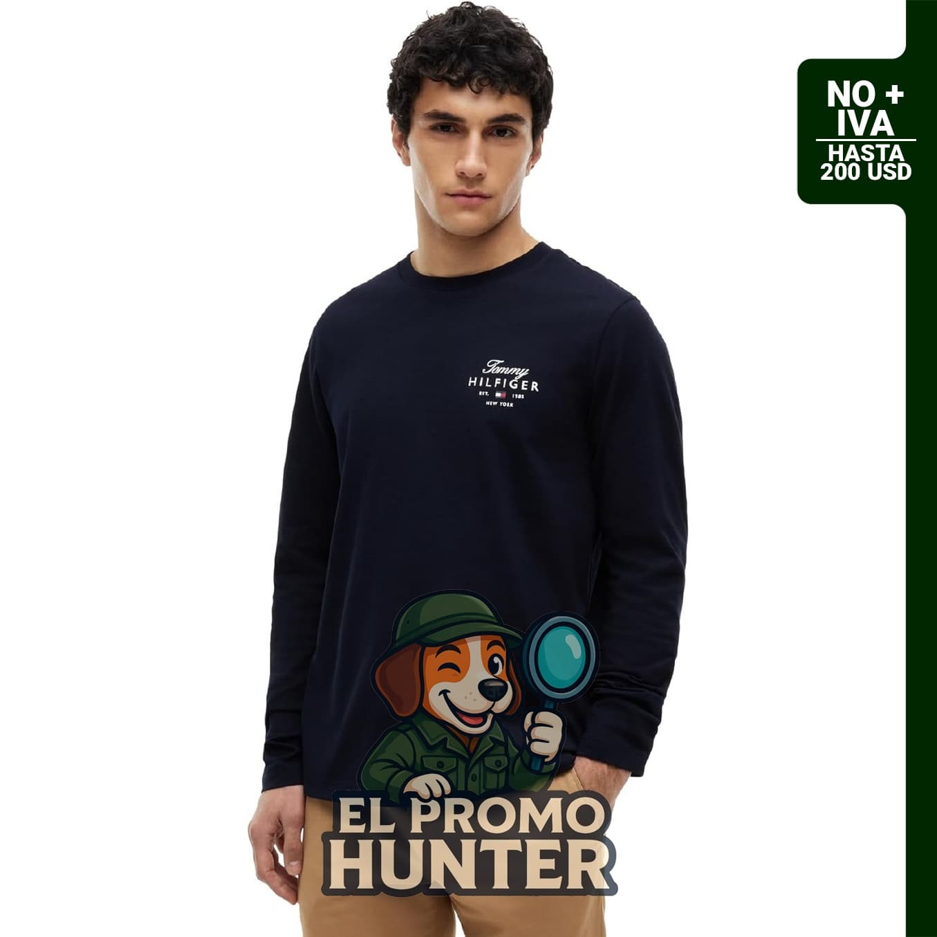 Camiseta gráfica de algodón de manga larga con cuello redondo y logotipo apilado de Tommy Hilfiger para hombre.