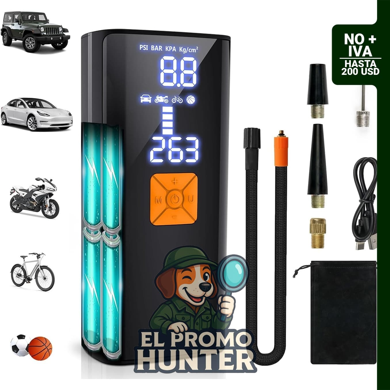 Inflador de neumáticos portátil de 150 PSI, compresor de aire eléctrico inalámbrico para automóviles y bicicletas.