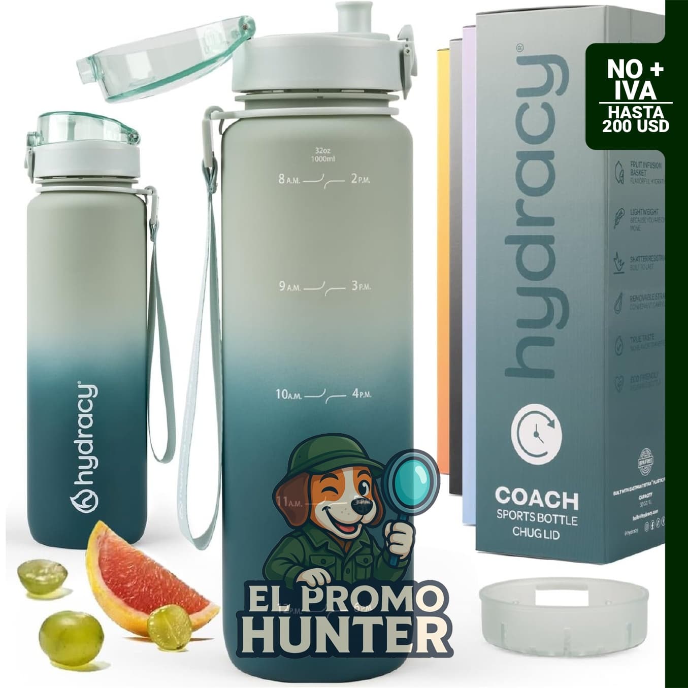 Hydracy Botella de agua de 32 oz (946 ml), sin BPA, a prueba de fugas, con infusor de frutas.