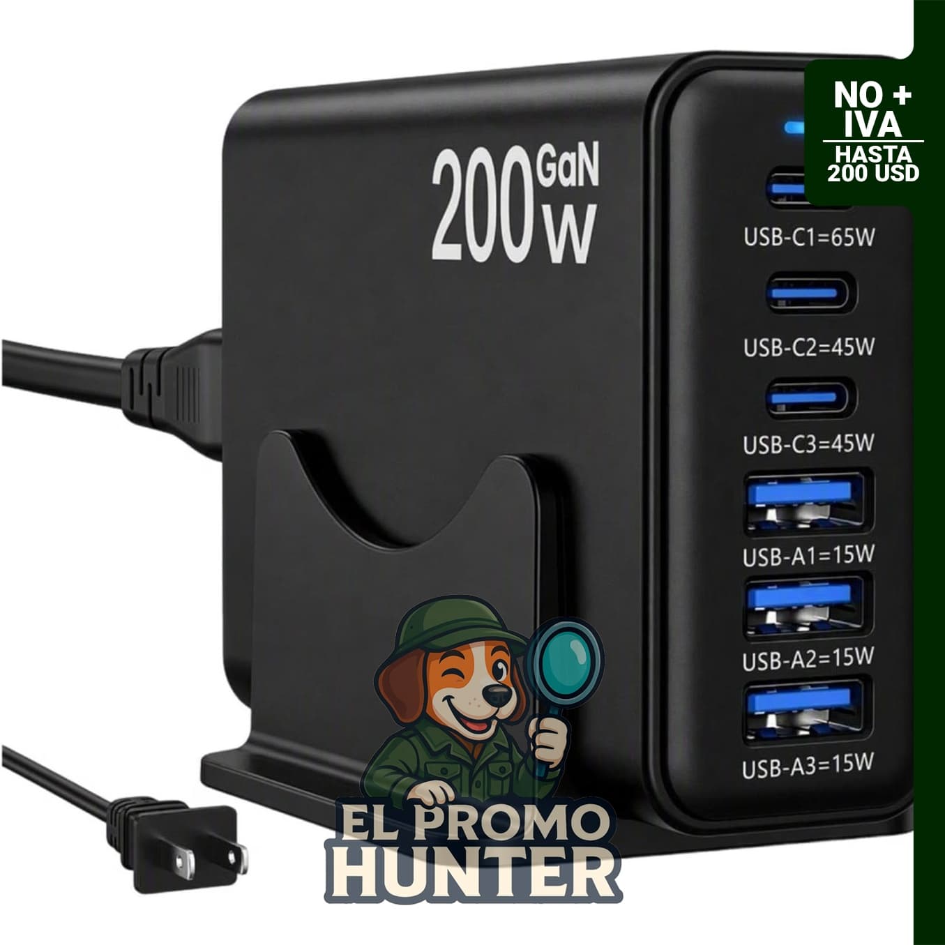 Estación de carga 200W GaN, cargador de escritorio USB-C de 6 puertos.