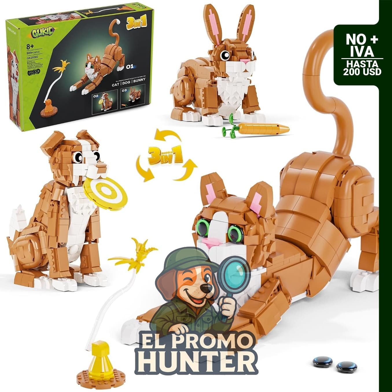 Juego de construcción 3 en 1 para crear un gato, perro o conejo, diseñado para niños a partir de 8 años.