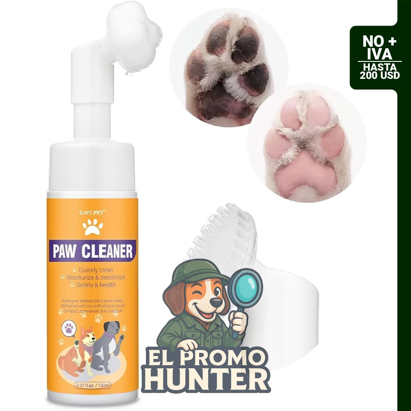 Limpiador de patas para perros y gatos, lavador espumoso sin enjuague con cepillo integrado.