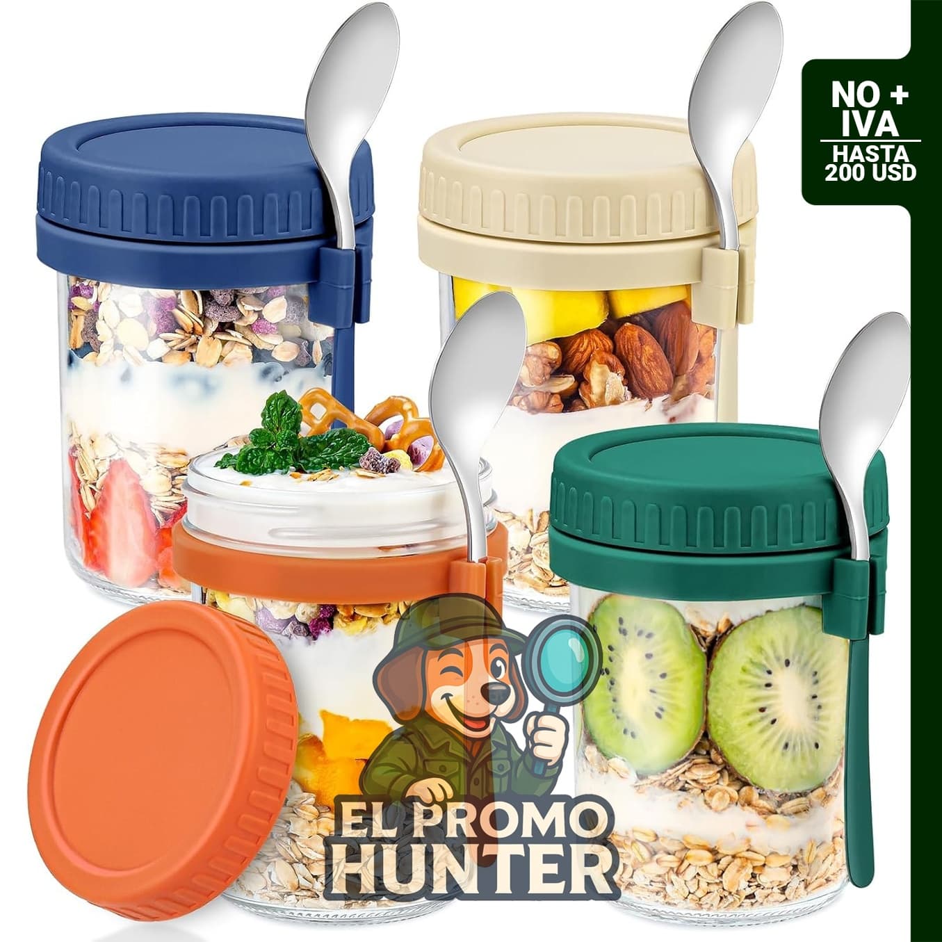 Paquete de 4 frascos de vidrio de 16 oz con tapas y cucharas para almacenamiento de avena nocturna.