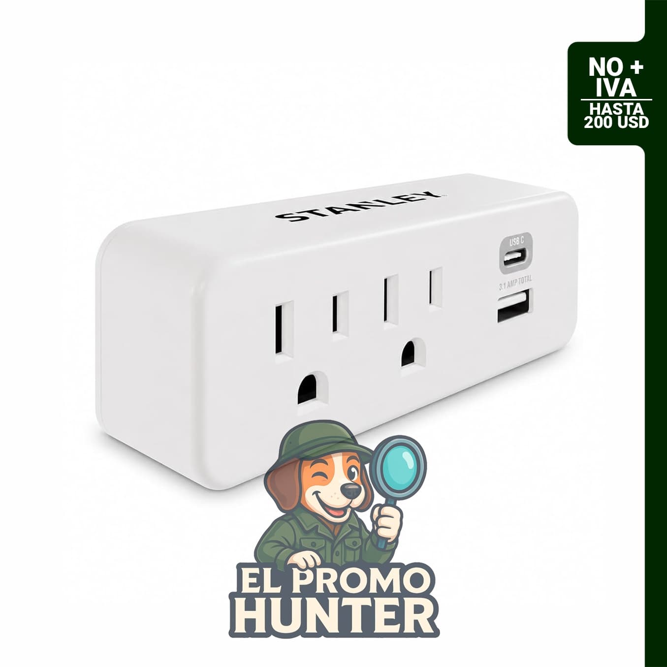 STANLEY Plugmax - Extensor de 2 tomacorrientes con 1 adaptador de pared USB-C y USB-A (3.1 A).