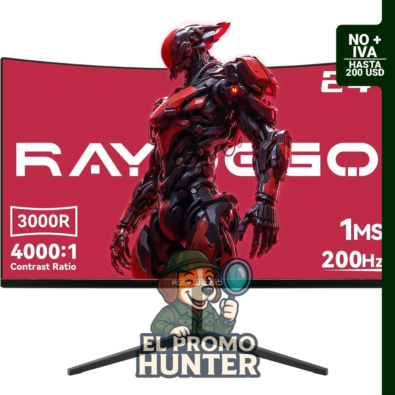 Monitor curvo Raywego de 24" (61 cm), 180 Hz, 1 ms, FHD 1920 × 1080P, FreeSync, conexiones DP, HDMI, USB y 3.5mm.
