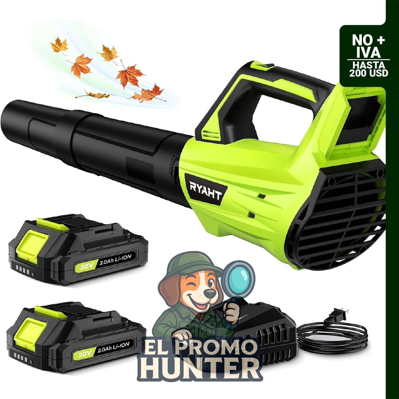 Soplador de hojas inalámbrico con batería y cargador.