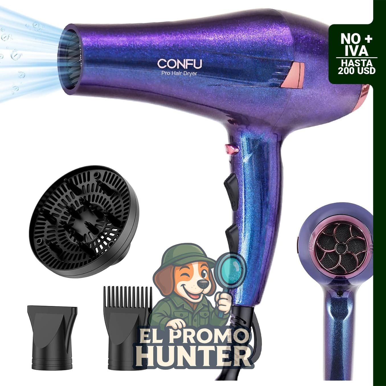 CONFU Secador de pelo profesional iónico de 1875 vatios con difusor.