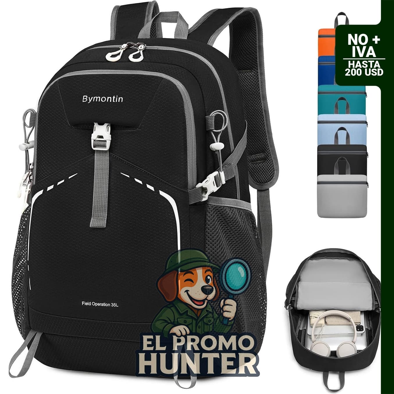 Mochila plegable ligera de 35L en color negro.