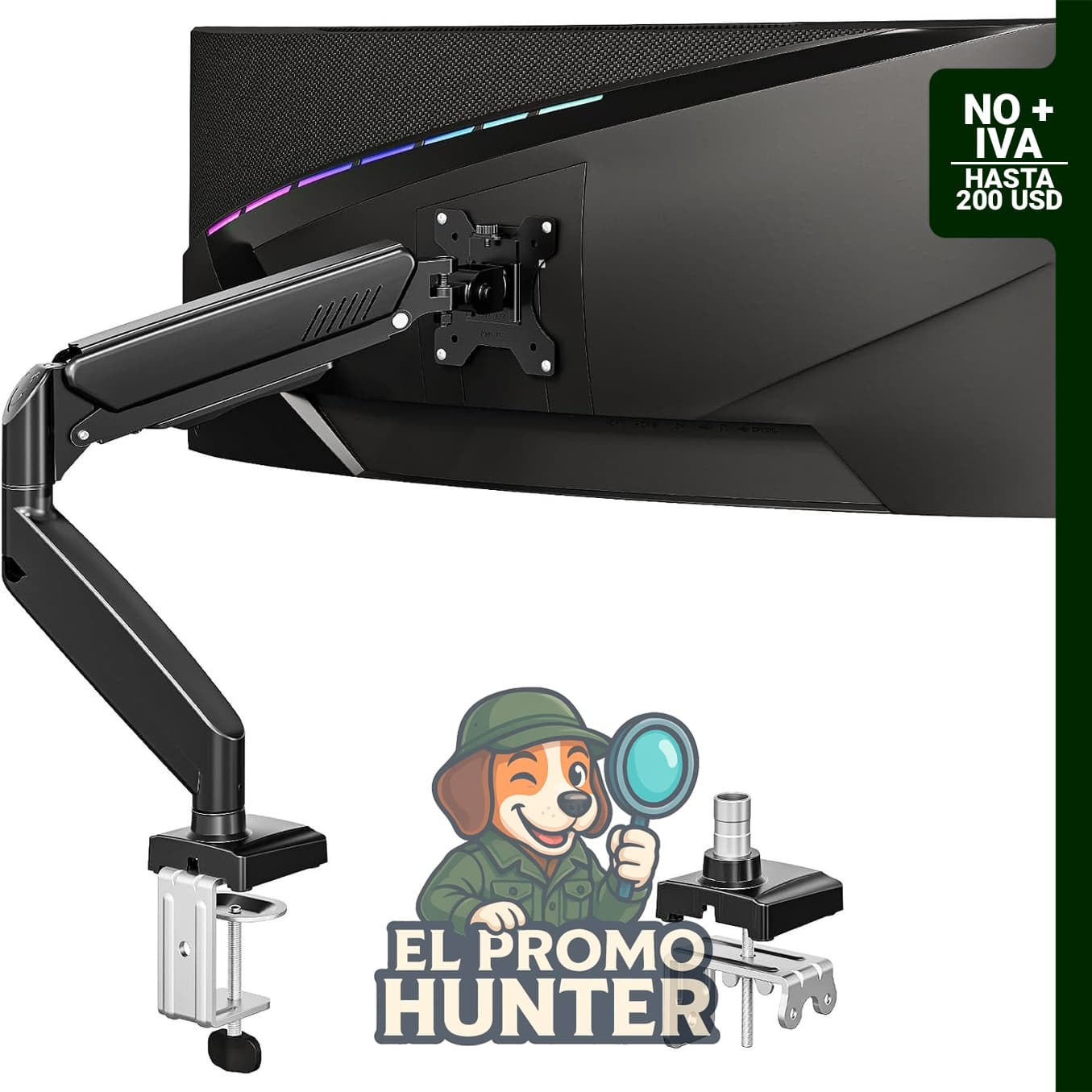 Soporte de escritorio para monitor individual, brazo ajustable de 48.3 a 86.4 cm, compatible con pantallas de 2 a 9 kg, montaje VESA.