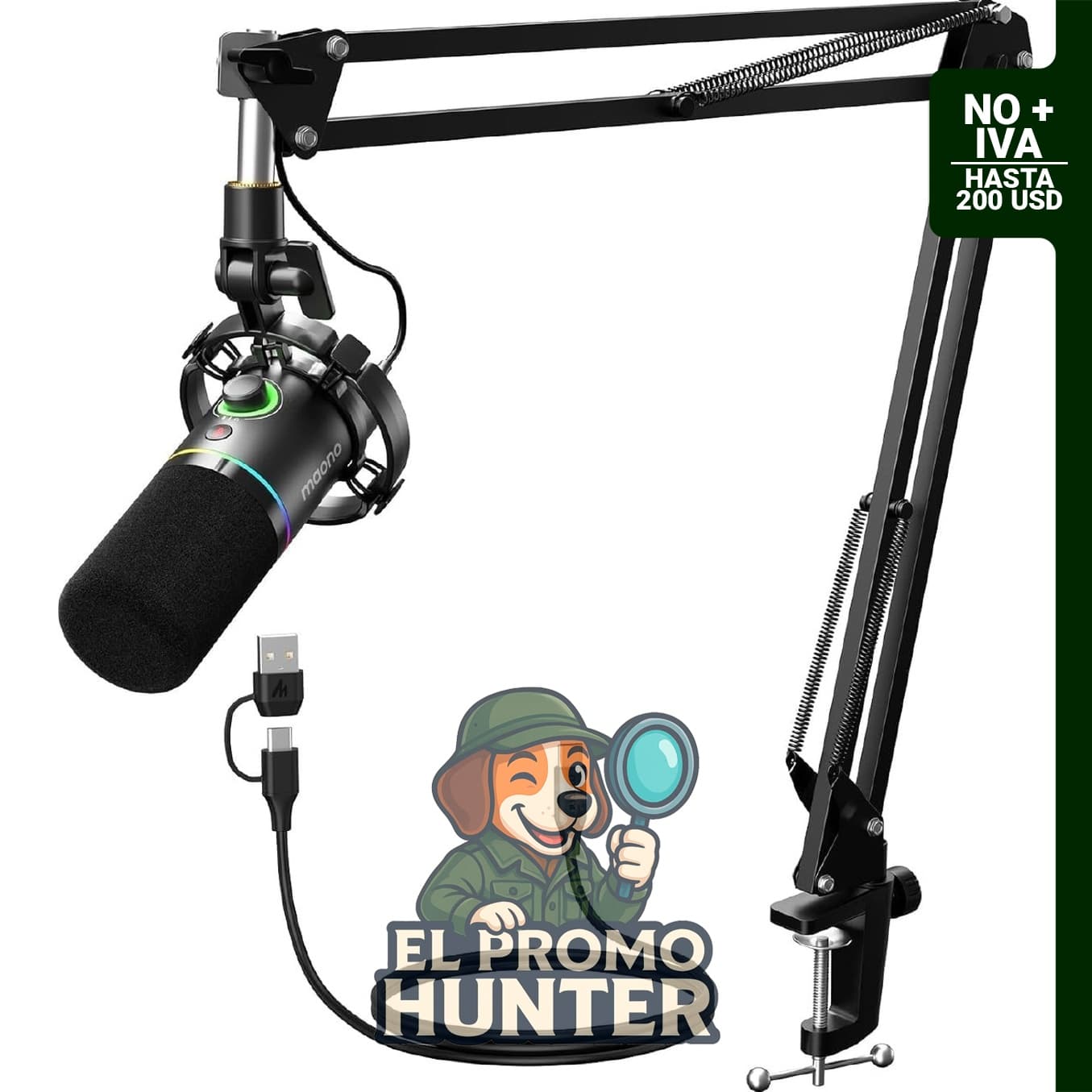 MAONO PD200XS Kit de micrófono dinámico XLR/USB con iluminación RGB.