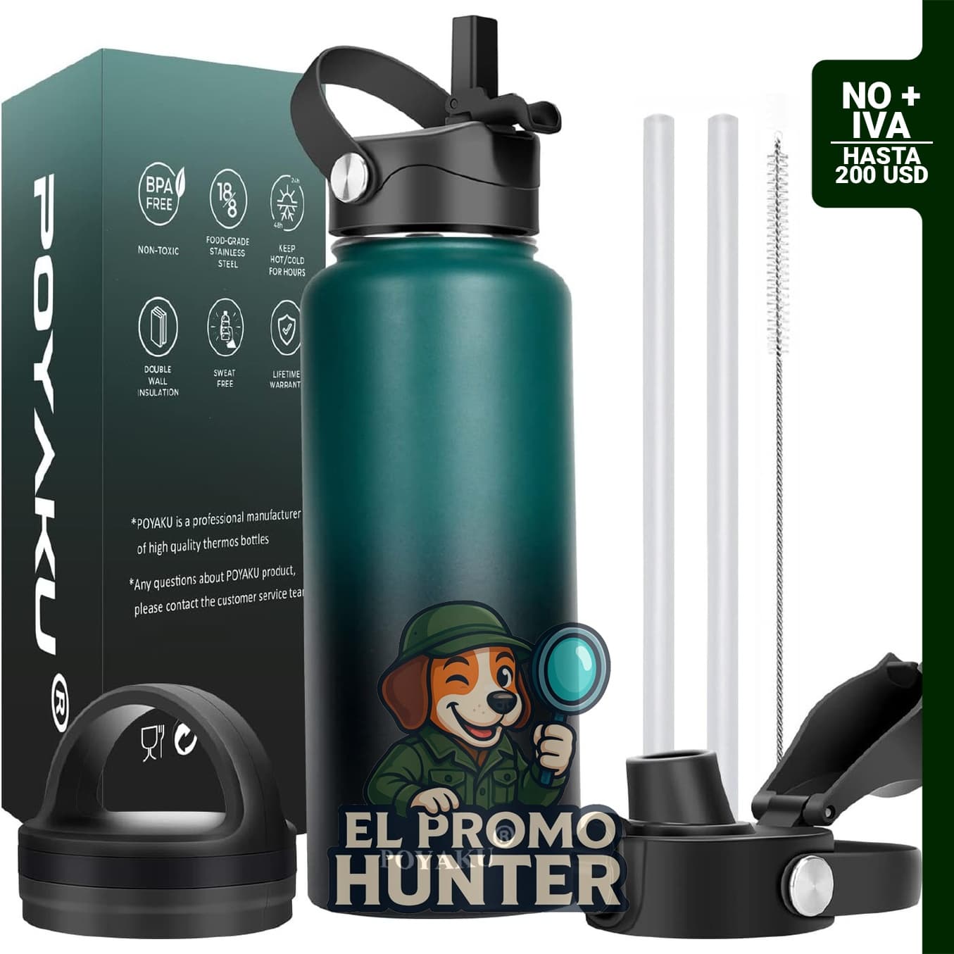 Botella de agua de acero inoxidable con aislamiento al vacío, disponible en 32 oz (946 ml), 40 oz (1,182 ml), 64 oz (1,892 ml) y 128 oz (3,785 ml).