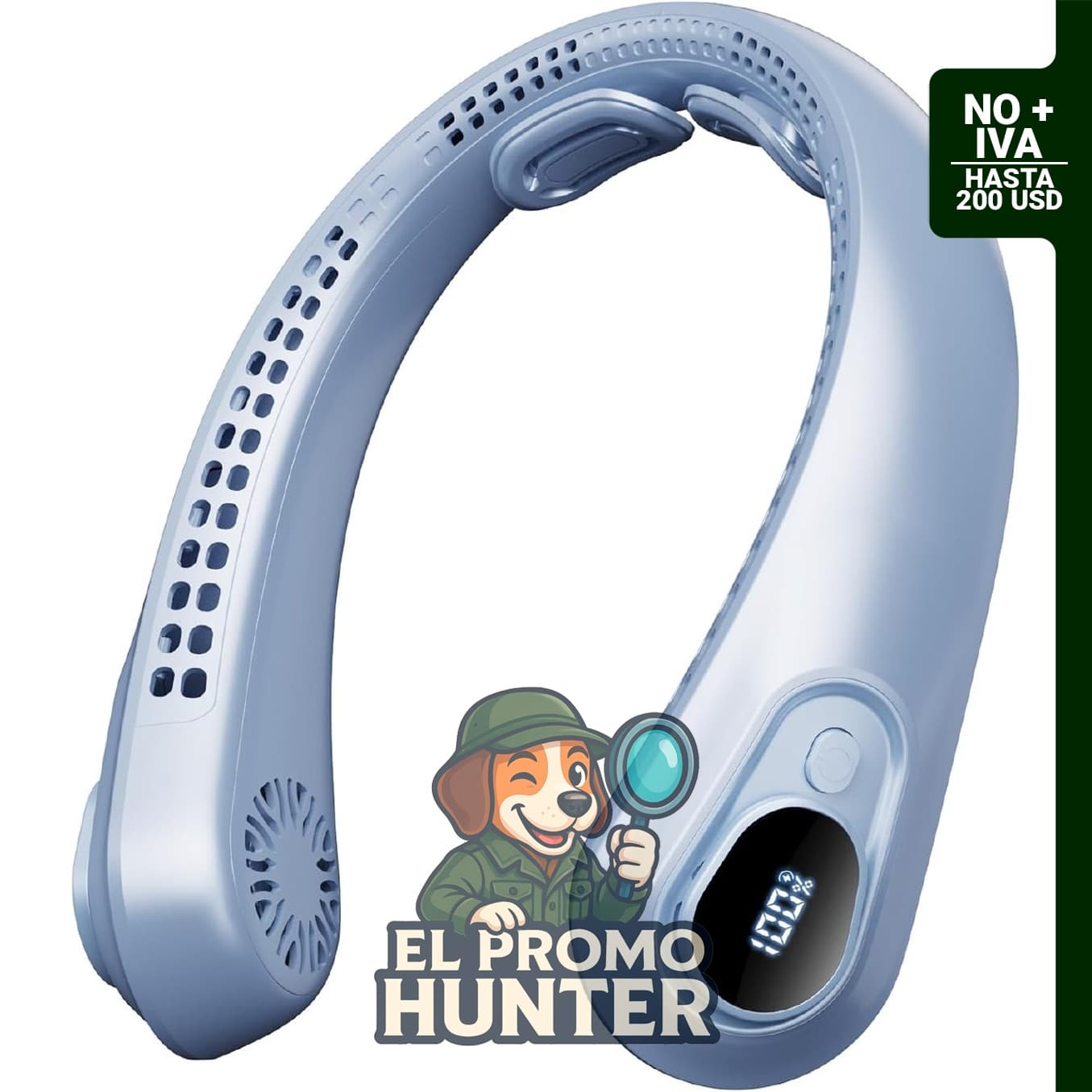 Ventilador de cuello portátil recargable con pantalla LED, 5 velocidades y batería de 5000 mAh.