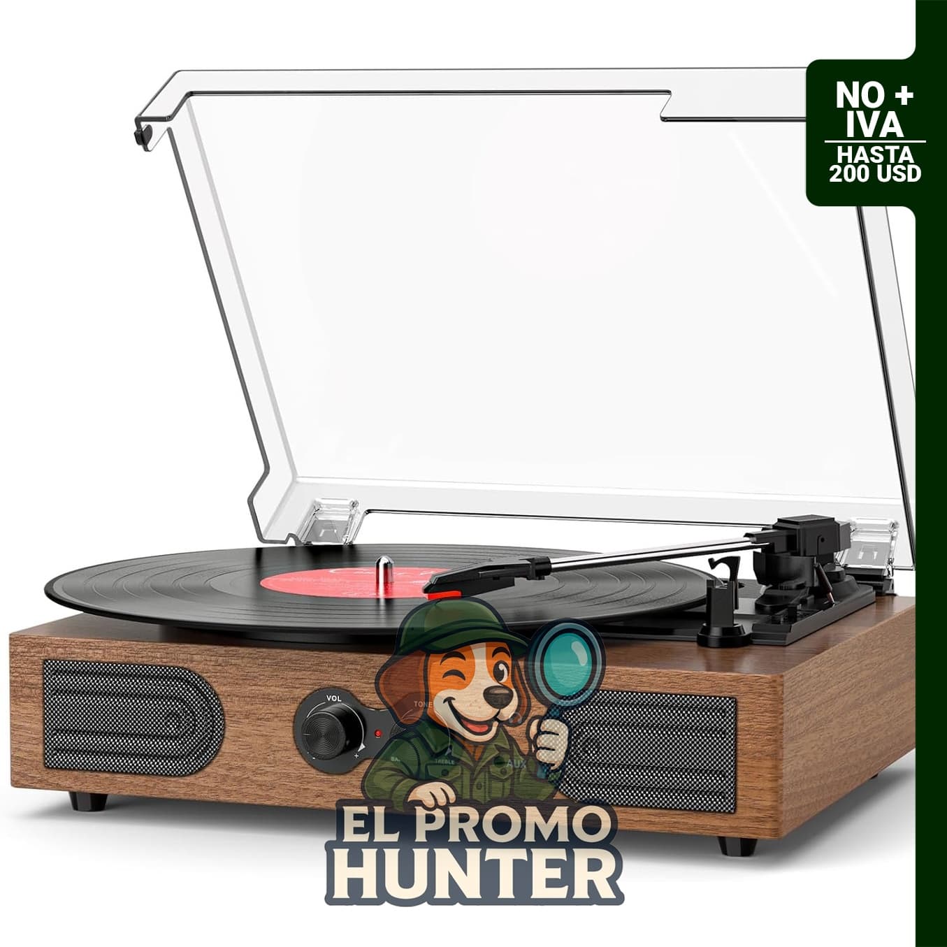 Reproductor de discos de vinilo con altavoces estéreo integrados, tocadiscos de 3 velocidades, transmisión por correa.