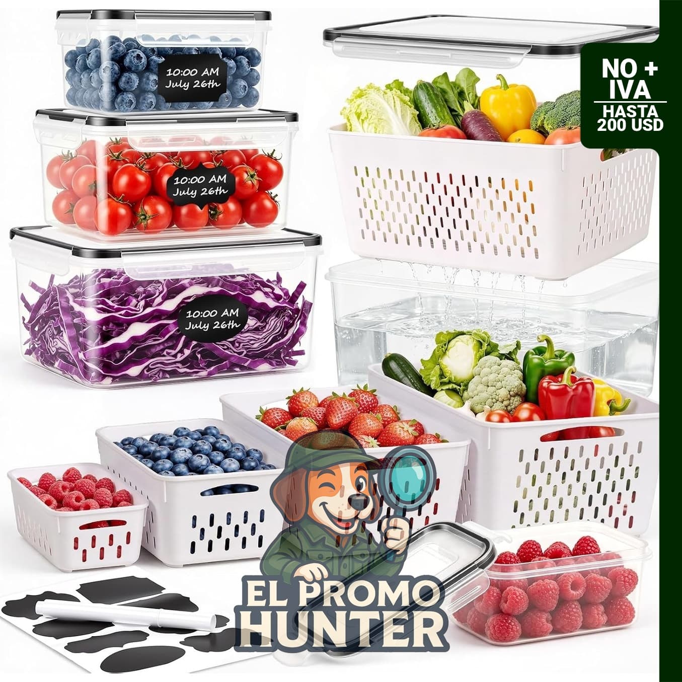 5 contenedores grandes para almacenamiento de frutas en refrigerador.