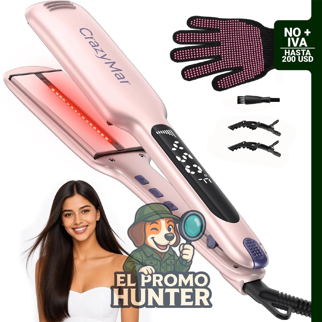 Plancha alisadora de cabello CrazyMar de 2" con tecnología infrarroja, pantalla LED digital y voltaje dual.