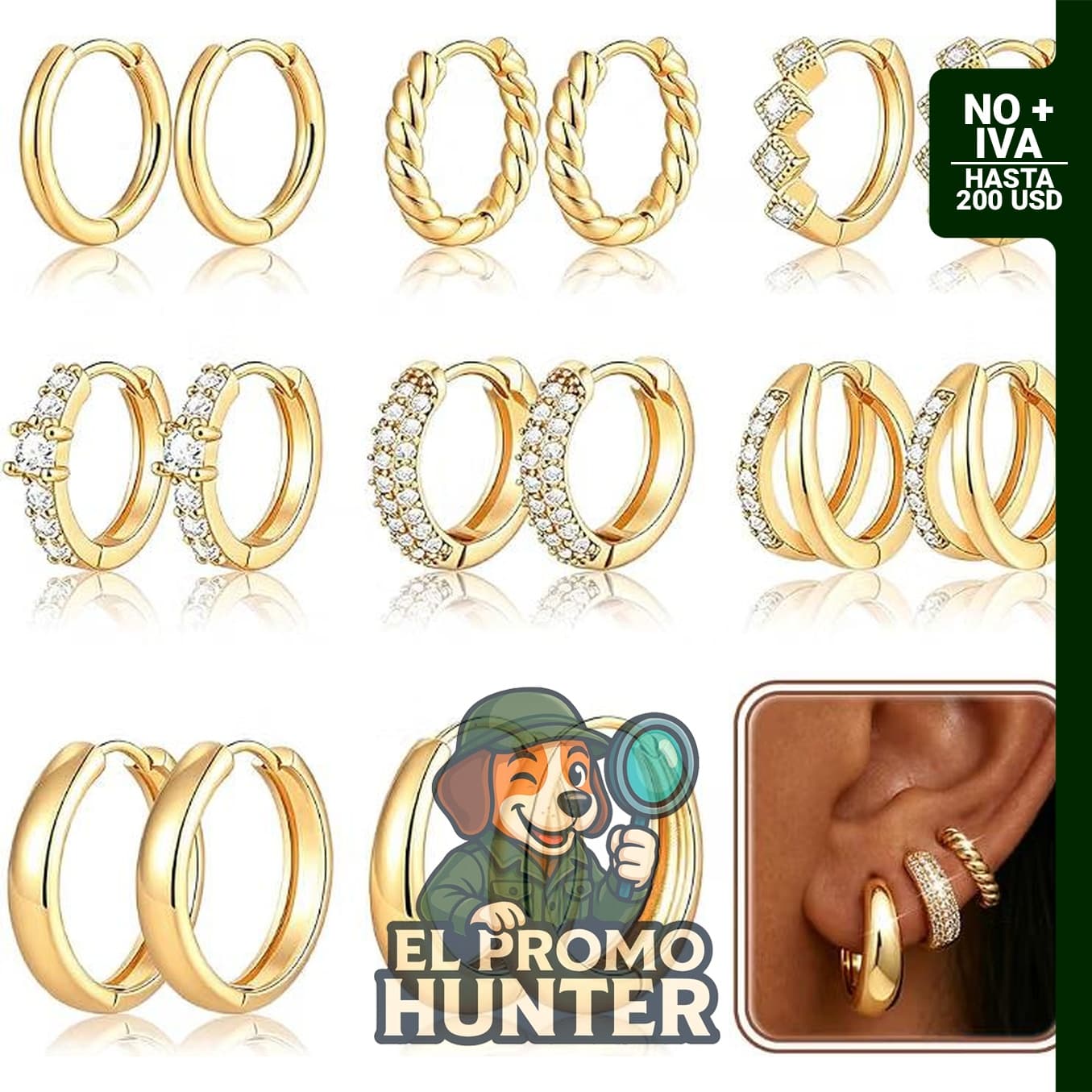 Juego de 8 pares de aretes de aro chapados en oro de 14 para mujer.
