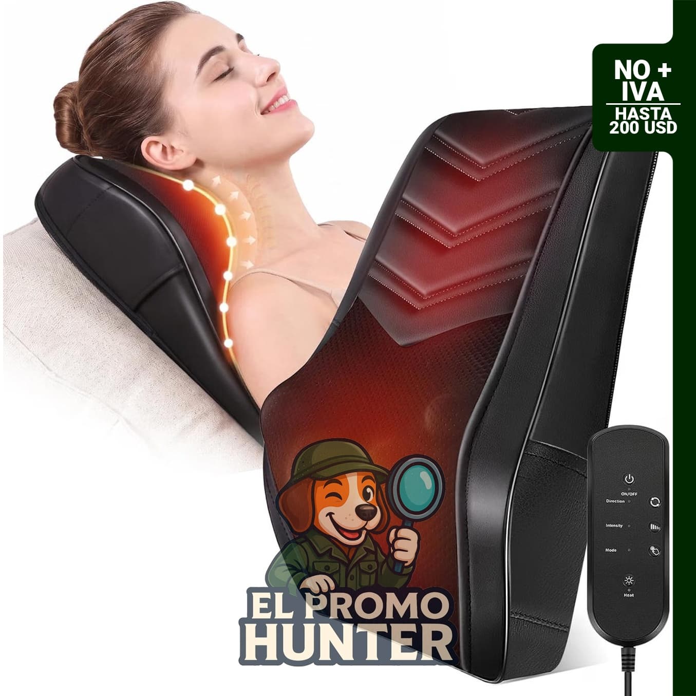 Masajeador de cuello Shiatsu AMMASSAGE con calor, almohada 3D para masajes en cuello, espalda y hombros.