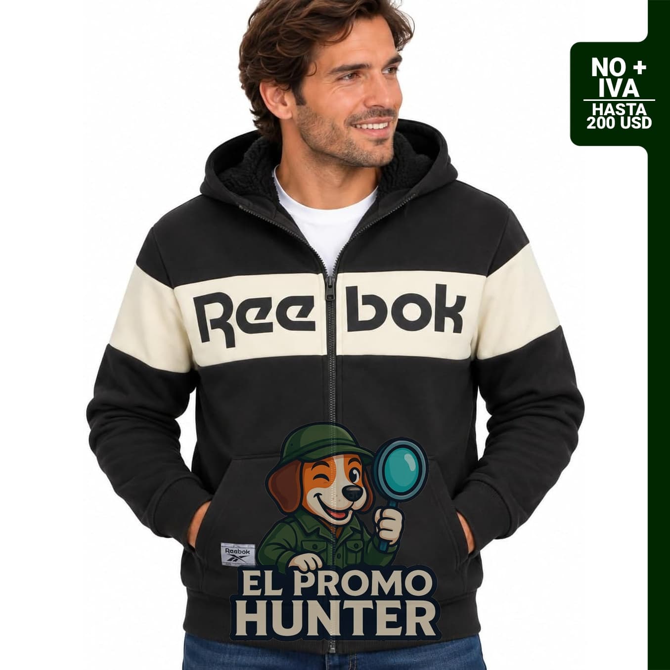 Sudadera con capucha de forro Sherpa de Reebok para hombre, cierre completo.
