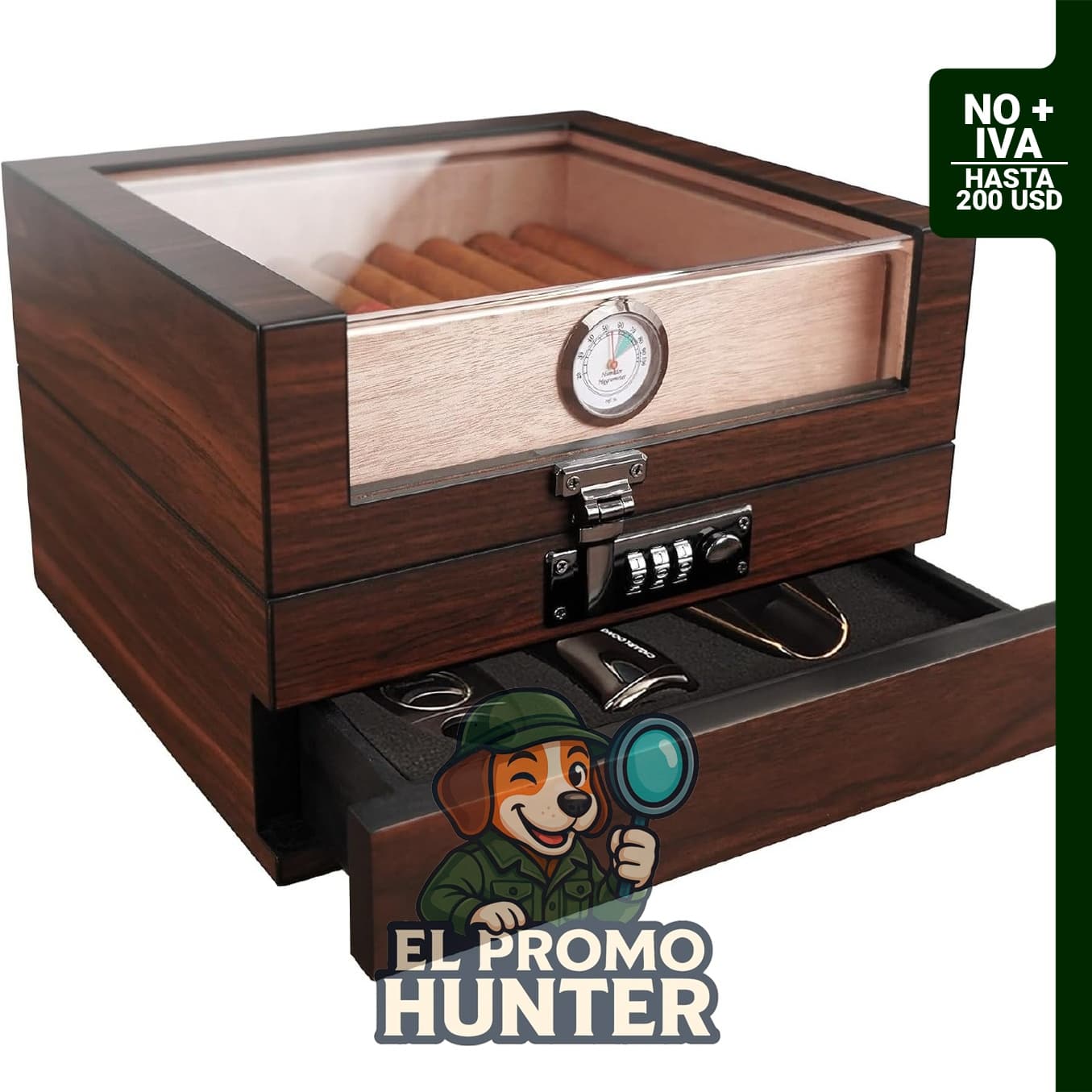 Humidificador de puros Wudytim, caja de cedro español, capacidad para 25-60 puros, incluye higrómetro.