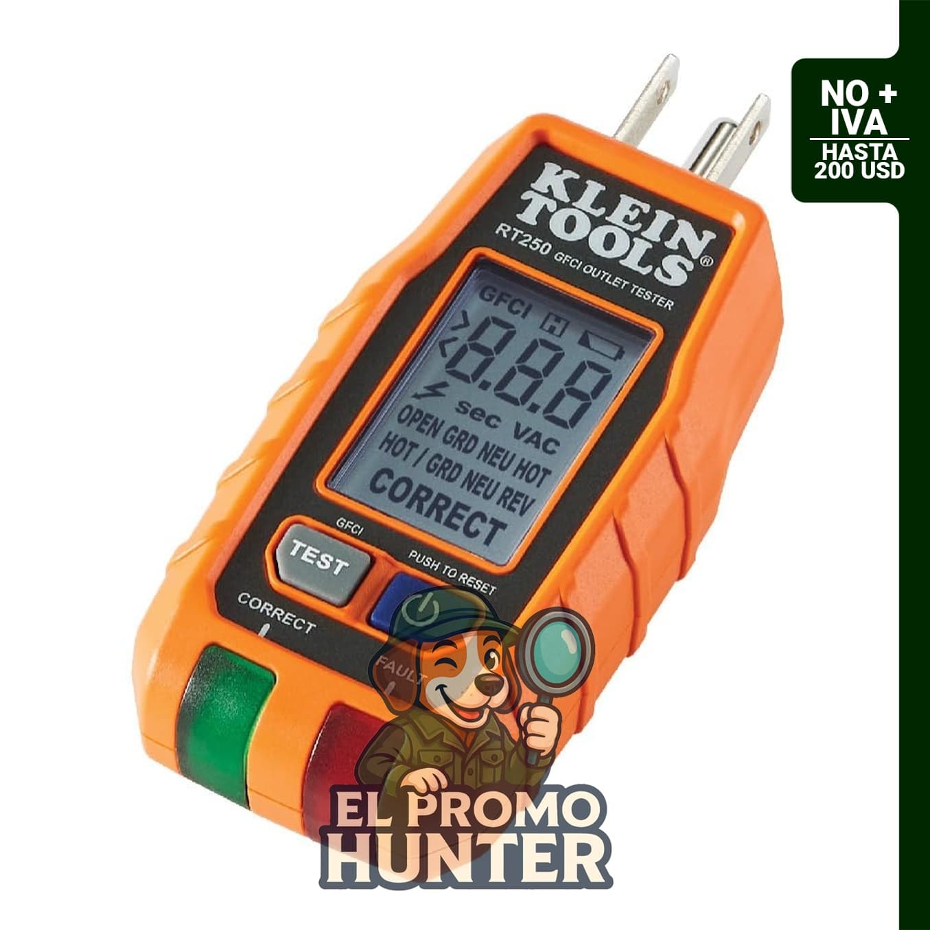 Klein Tools RT250 - Probador de Salida GFCI con Pantalla LCD para receptáculos eléctricos de 3 hilos 120V.