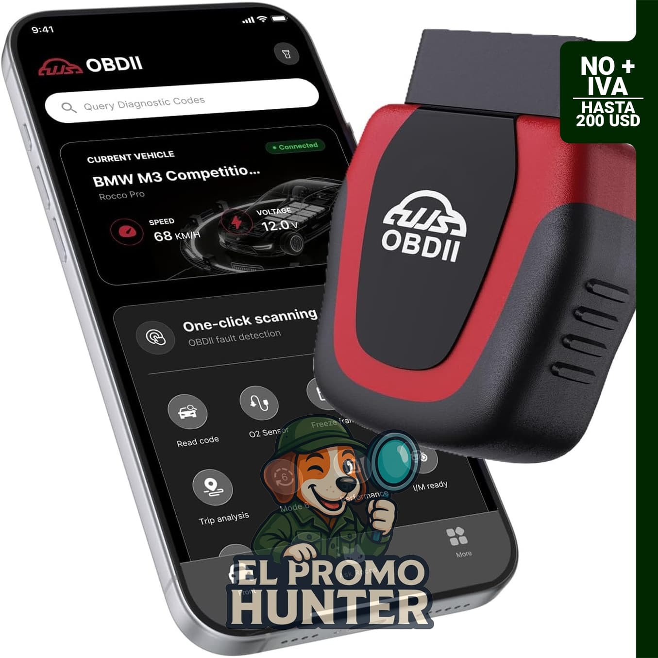 Rocco Pro OBD2 Escáner Bluetooth para diagnóstico de coche, compatible con iPhone y Android.
