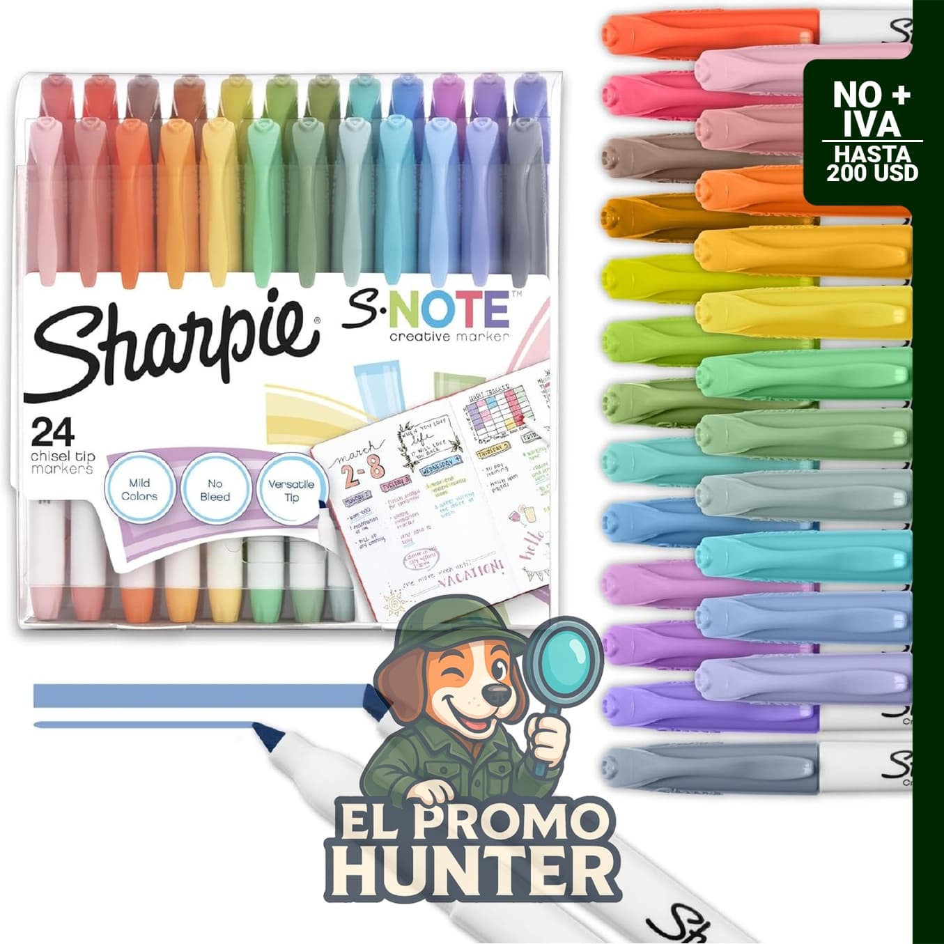Sharpie S-Note - Juego de 24 marcadores creativos con punta biselada en colores pastel.