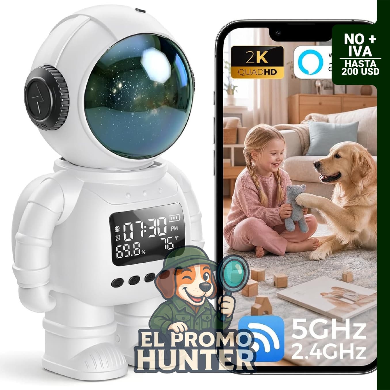 Cámara de reloj de astronauta 2K para interiores con monitor WiFi‑6, audio de 2 vías y visión nocturna a color.