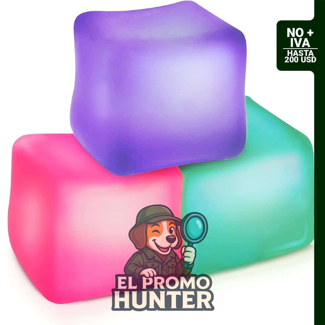 Juguete Fidget Cubo Antiestrés, paquete de 3, cubo de 2.1" (5.3 cm) con relleno de gel de alta densidad.