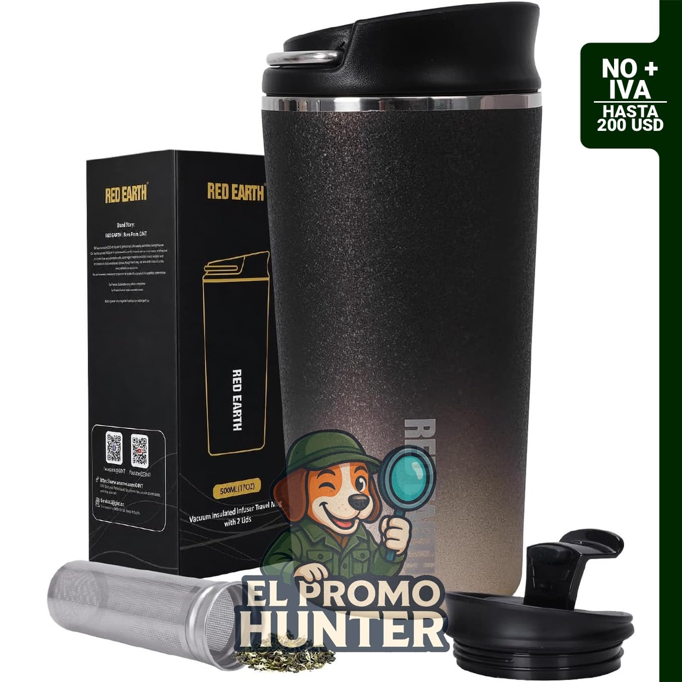 GiNT Taza de té de viaje de 17 oz (500 ml) con infusor y 2 tapas, acero inoxidable 316L, resistente a fugas.