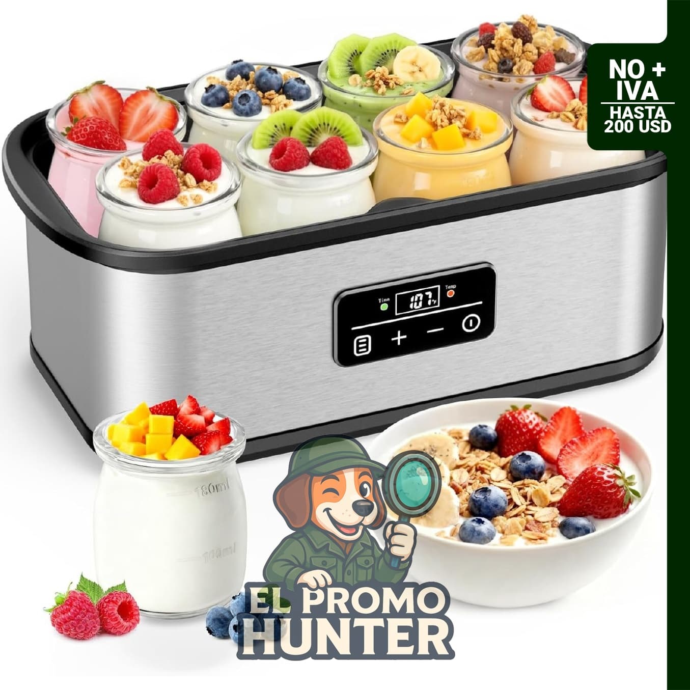 Máquina para hacer yogur con control de temperatura de 20-53 °C y tiempo ajustable de hasta 48 horas.