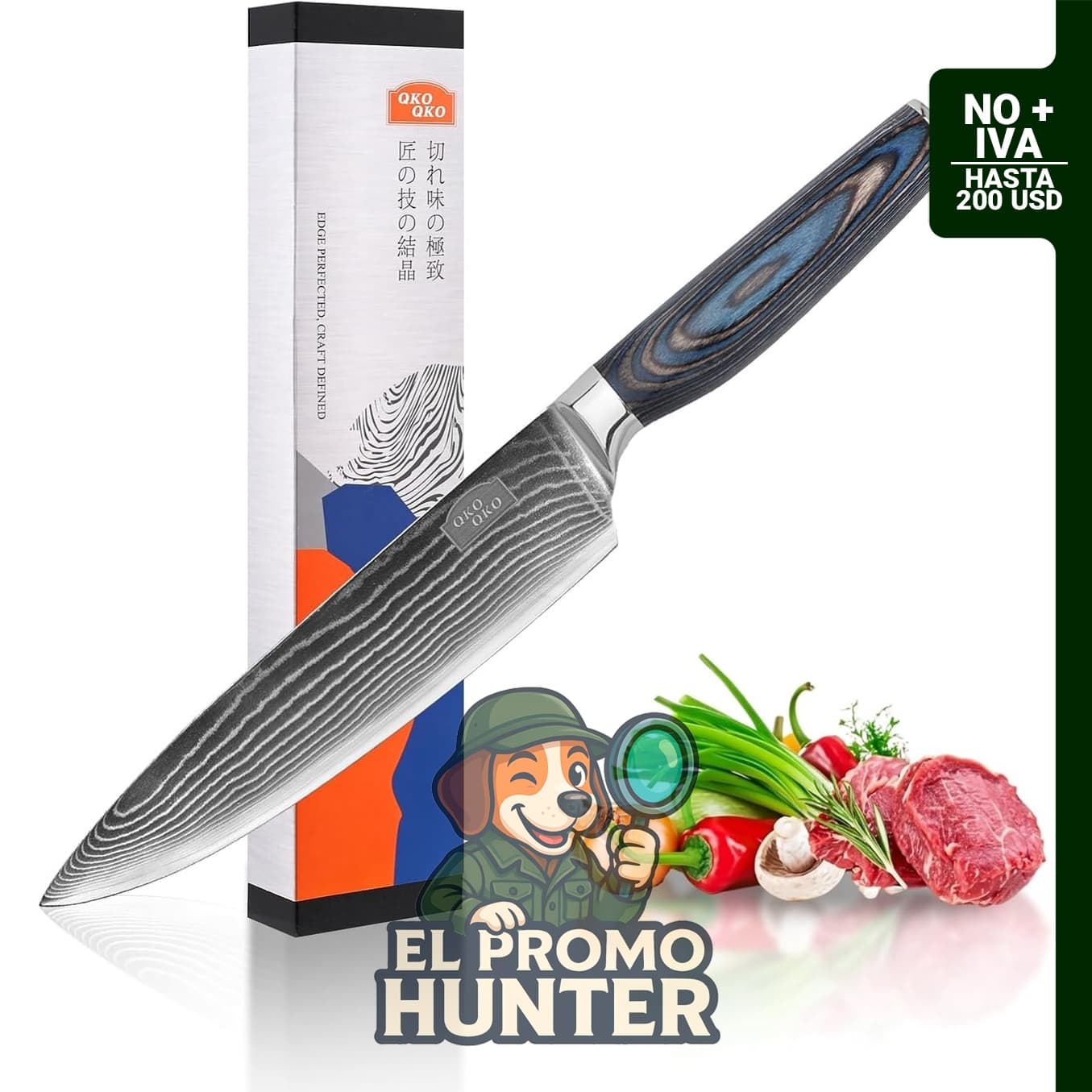 Cuchillo de chef de Damasco de 8" (20 cm) con núcleo de acero 9Cr18MoV y mango de madera.